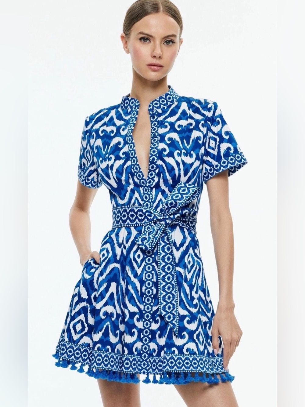 Alice + Olivia Rolled Sleeve Mini Shirt Dress Artisan Ikat French Blue Size 0 - Picture 3 of 16